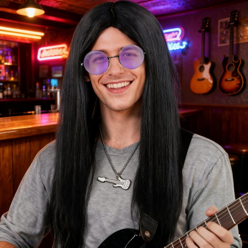 ESUNO Black Rocker Wig Long Black Wig Rock Star Costumes