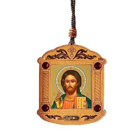 Image of Jesus Christ The Teacher Icon Pantocrator Wooden Icon Shrine for Home Car Room as Christmas Ornament on Rope with Crystal Incense 3 Inch, Religious Gifts