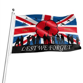 3x5 FT Lest We Forget Flag for 80th VE Day Decorations, Vivid Color Remembrance Day Poppy Flag with Eyelets for War Heroes Outdoor Indoor Decor（Single-sided Printing）