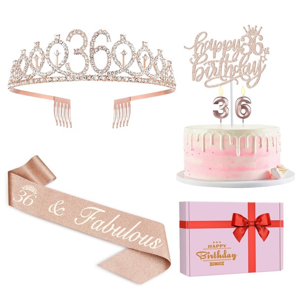 Decoraciones de 36 cumpleaños para mujeres, incluyendo banda de 36 cumpleaños para mujeres, tiara/corona, número 36 velas y decoración para tartas, regalos de 36 cumpleaños de oro rosa para mujeres, decoraciones de cumpleaños