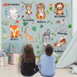 9 Pcs Jungle Animal Wall Decals, Removable Woodland Safari Animal Wall Sticker with Inspirational Quotes for Baby Boys Girls Infant Children Kids Nursery Living Room Bedroom Classroom Playroom Decor