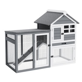 GarveeLife Small Wooden Chicken Coop, 2-Story Rabbit Hutch Indoor Outdoor with Waterproof Roof, Bunny Cage with Pull Out Tray and a Wooden Ramp