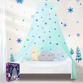 South To East Bed Canopy for Girls with Glowing Snow in the Dark, Cyan Princess Bed Curtains for Baby Cot, Crib and Toddler Bed, Double Bed, Full and Queen Bed, Mosquito Net Canopy for Girls Bedroom