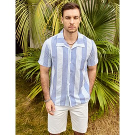 VATPAVE Mens Casual Striped Shirts Short Sleeve Button Down Summer Shirts Regular Fit Beach Shirts with Pocket Small Light Blue Seersucker