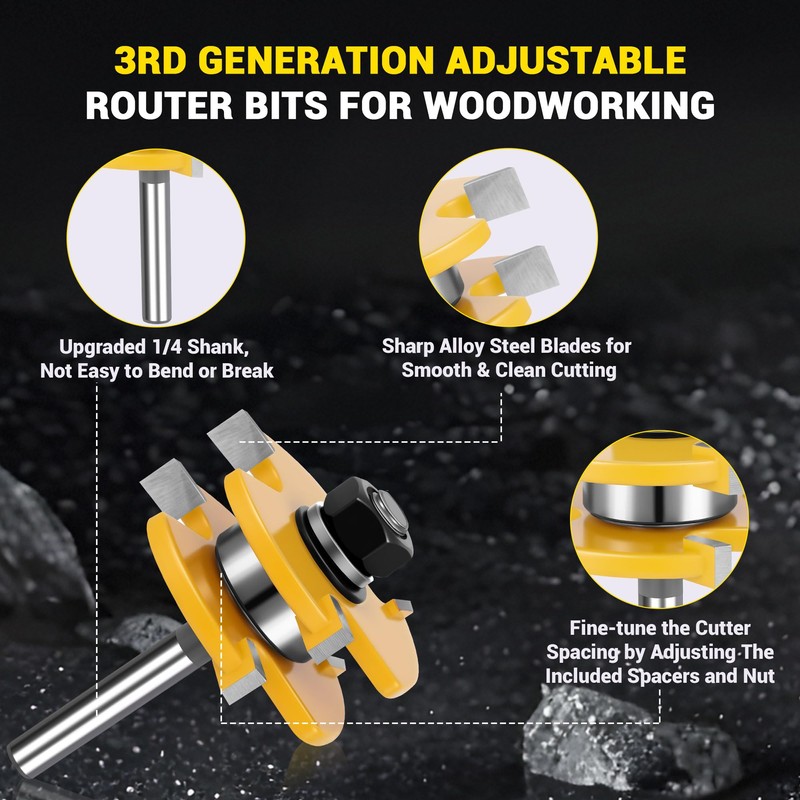 Junreox 2PCS Tongue and Groove Router Bit Set, 3rd Gen.