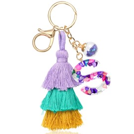 JSRQT Alphabet Initial Letter Keychain, Resin Letter Key Chain with Cute Boho Poms Tassel, Purple Name Letter Keychain Pendant for Women Girls, Boho Keyrings Bag Charm for Handbags Backpacks(S)