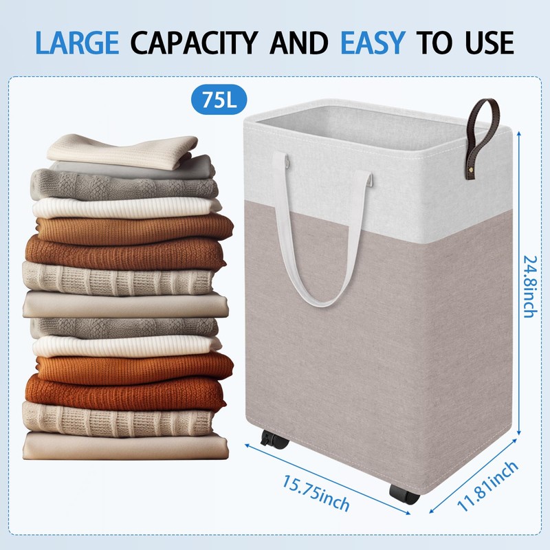 HomeHacks 75L Rolling Laundry Basket with Wheels, Collapsible & Waterproof