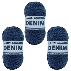 myboshi Denim, Vegan Denim Yarn, Recycled Cotton for Crochet and Knitting, 50% Recycled Denim, 50% Cotton (Organic), 50 g, Ll 135 m Dark Blue (Classic), 3 Balls