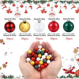 150 Pieces Christmas Wooden Beads 16mm Colorful Wood Beads Buffalo Rustic Farmhouse Wooden Beads for DIY Craft Bead Xmas Winter Garland Home Decor