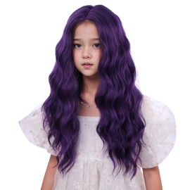 Edivd Child Dark Purple Wig Girls Long Grape Purple Wavy Curly Wig Kids Middle Part Wigs Heat Resistant Synthetic Wigs with Cap