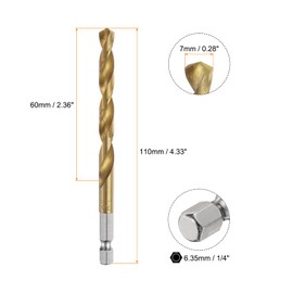 sourcing map 3pcs 1/4" Hex Shank Twist Drill Bits 7mm Titanium Coated High Speed Steel Quick Change Hex Drilling Bit Jobber Drill Bits for Wood Plastic Metal, Gold
