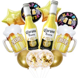 Koboko Set di palloncini per bottiglie di birra, 12 pezzi, colore oro, con boccale di birra, stelle e Happy Birthday