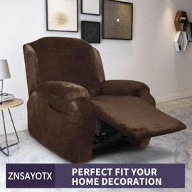 ZNSAYOTX Stretch Velvet Recliner Cover 4-Pieces, Thick Soft Recliner Chair Slipcover with Pocket, Non-Slip Elastic Bottom for Kids Pets, Luxury Plush Reclining Protector Comfy Washable (Dark Coffee)