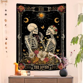 Kanuyee The Lovers Skeleton Tapestry for Bedroom Wall Hanging Moon and Floral Design Tapestries for Living Room Decor 36 x 48 Inch Black and Gold
