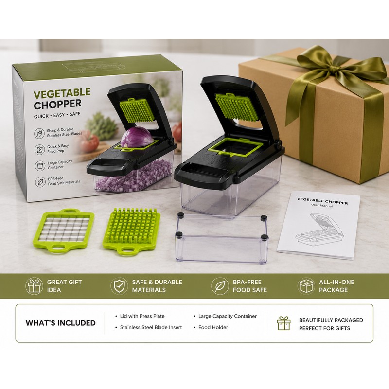 16-in-1 Vegetable Chopper with 8 Stainless Steel Blades, Food Container,