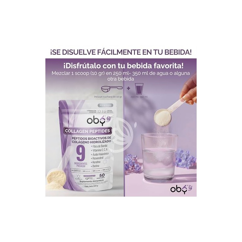 Oby Colágeno Hidrolizado Resveratrol Ácido Hialurónico Polvo 100 Porciones