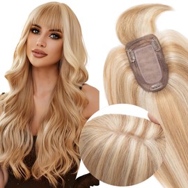 Elailite Women's Real Hair Topper, 25 cm, Toupee with Fringe, Clip-In Hairpiece (Base 7 x 13 cm), #12P613 Golden Brown Mix Bleach Blonde