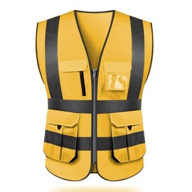 ZUJA High visibility reflective safety vest multi pockets Hi-vis vest workwear safety waistcoat withreflective strips for men and women