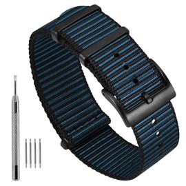 Ayadoo Stripe Nylon Watch Bands, Sport One-Piece Watch Strap Compatible With 18mm Replacement, Black & Blue with Black Buckle