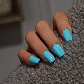 KQueenest Light Blue Press On Nails Short Square - Summer Press On Nails Medium Coffin, Sheer Soft Blue Fake Nails with Glue, Glossy Opaque, Reusable Soft Gel Glue on Nails for Women, 28 Pcs