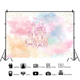 10x8ft Princess Castle Backdrop for Girl Birthday Pastel Rainbow Pink Castle Photography Background Birthday Baby Shower Party Banner Decorations Supplies Photo Booth Props