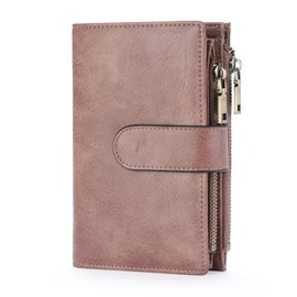 GOIACII Women's Vintage Leather Wallet, RFID Blocking Large and Long Format Purse with 11 Card Slots and Change Compartment, A02 Brownish Pink, vintage bifold