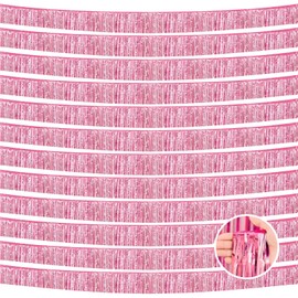 12 Pack 10 Feet Metallic Foil Fringe Garland Tinsel Streamers Banner, Pink Wall Hanging Tinsel Fringe Banners for Parade Floats, Wedding, Birthday, Christmas, New Year Party Decorations
