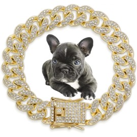 1Pc 9inch Gold Dog Chain Collar, Diamond Cuban Link Walking Metal Chain Collar, 13mm Wide Cat Necklace Pet Crystal Collar Jewelry Accessories with Secure Buckle for Small Medium Large Dogs Cats