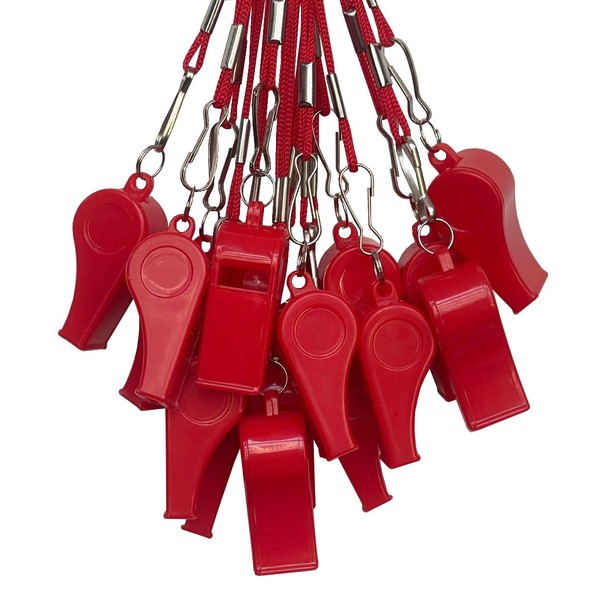 DYBADYSA 20 Pcs Red Plastic Loud Whistle with Lanyard for