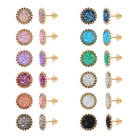 JMTOBETOP Stainless Steel Round Druzy Multi Colored Stud Earring Set for Men Women Gold Plated Surgical Steel Faux Druzy Stud Earrings 12 Pairs (Gold 10mm)