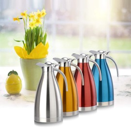 Thermos Flask Drinks Dispenser Stainless Steel 1.5/2 L Coffee Pot Teapot Insulated Jug Dishwasher Safe Heat Retention Jug (2 L 15.5 x 15.7 cm / 6.1 x 6.2 Inch, One Type Plastic Handle, Natural Colour)