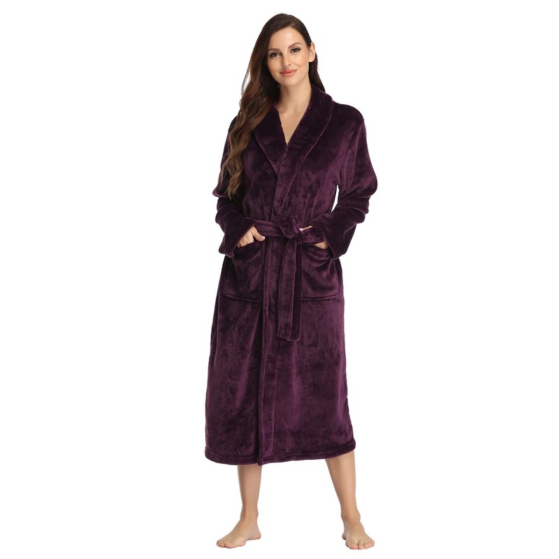 RONGTAI Womens Bathrobe Ladies Fleece Plush Warm Long Robes （Large,Dark