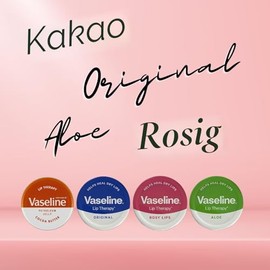 Vaseline 4 x Lip Balm - Petroleum Jelly - Lip Therapy - Original, Coconut Butter, Aloe Vera and Rosy, 20g Tub, Soothes Dry Lips