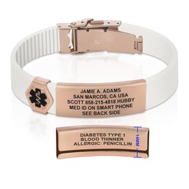 Divoti Divoti Custom Dual-Sided Engraved Silicone Medical Alert ID Wristband w/Security Clasp & Trim-to-Fit Soft White Silicone Band w/Security Clasp - 14MM PVD Rose Gold/Black