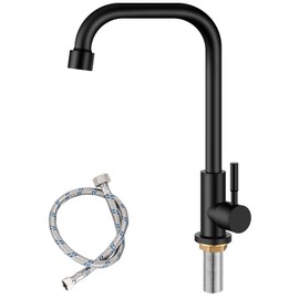 Heyalan Matte Black Faucet Cold Water Only Single Lever Handle SUS304 Sink Bar Tap 360 Degree Swivel Spout Decked Mounted Longer Thread Pipe