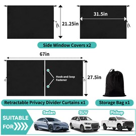 4 Pcs Lager Double Layer Thickened Car Curtains Set, 98% Light Blocking Car Window Shades Covers,2 Side Window Covers, 1 Divider Curtain & 1 Storage Bag, Sedan SUV Accessories for Camping Sleeping