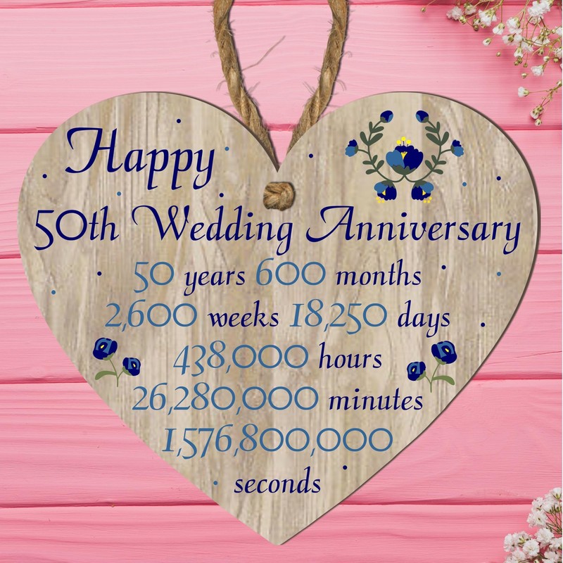 Pixie's Gift 50th Wedding Anniversary" Commemorative Wooden Heart Plaque –