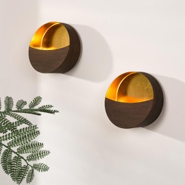 Eclipse Wall Candle Holder Set of 2, Metal Wall Candle Sconces with Brushed Wood Grain and Gold Interior, Vintage Style Wall Decor for Living Room, Bedroom, and Dining Room
