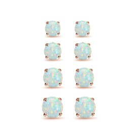 4 Pair Set Rose Gold Flash Sterling Silver Synthetic White Opal Round Stud Earrings, 3mm 4mm 5mm 6mm