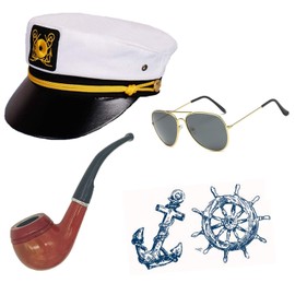 Feacole Sailor Ship Yacht Boat Captain Hat Costume Accessories - Sailor Cap,Wooden Pipe,Aviator Sunglasses White