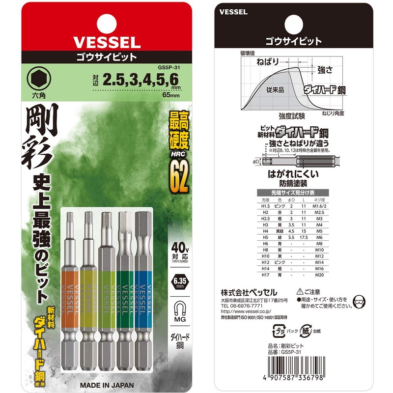 Vessel 40V Compatible Single Head Hex Rigid Bit Set of