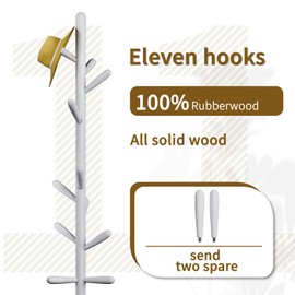 Awatiwa Solid Wood Coat Rack, Freestanding Tree-Shaped Coat Rack with 11 Hooks, Main Pole 1.6" dia for Clothes, Hat Stand Used in Bedroom/Office/Entryway (3-Leg Base, White)