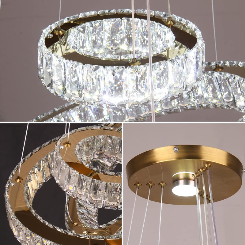 FRIXCHUR Modern LED Chandeliers Crystal Pendant Light 3 Ring Chandelier