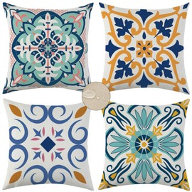 Set of 4 Outdoor Waterproof Pillow Covers 18x18 Mandala Flower Decorative Throw Pillow Covers Boho Geometric Pillow case for Garden Patio Home Decor