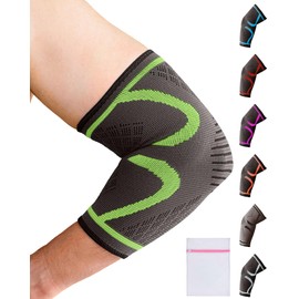 360 RELIEF Elbow Support for Men, Women, Kids, 1 Pack Compression Elbow Sleeve for Tennis, Golfers Elbow, Sports, Fitness, Gym, Weightlifting, Medium, Green + Laundry Bag
