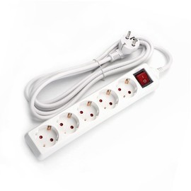 Schuko 5 Socket Strip with Switch, 3 m, 3G, 1.5 mm², White, Base with 5 Sockets