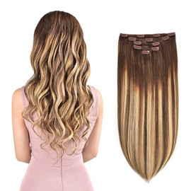 5 Pieces 12" Remy Clip in Hair Extensions Human Hair Light Brown to Dirty Blonde Highlight Brown Ombre - Silky Straight Short Thick Real Hair Extensions for Women (12 inches, (6T24) P6, 60grams)