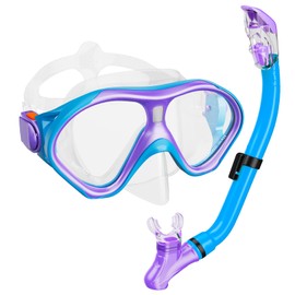 Kids Snorkel Set, Dry Top Snorkeling Gear Kids Swimming Goggles, Anti-Fog Tempered Glass Snorkel Mask with Foldable Breathing Tube, 180 Degree Full View Anti-Leak Diving Mask for Age 6-14, Purple