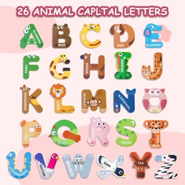 Wooden Magnetic Alphabet Fridge Magnets with Colorful Animal Designs for Toddlers & Kids Ages 3-5 - Great for Home and Classroom Letter Recognition & Spelling Practice - Ideal Preschool Gift