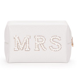Etercycle MRS Letter Cosmetic Bag, Bridal Shower Gifts Small PU Waterproof Makeup Bag, Bling Pearl Rhinestone Patches Travel Organizer for Engagement Bachelorette Party (Gold)